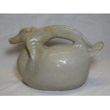 A Studio pottery glazed jug in the form of a duck signed VA,