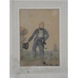Artist Unknown - watercolour A young midshipman on the shore with ship in the distance,