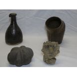 Four pieces of Studio pottery including Lemon Pottery flagon with incised decoration,