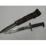 A Swedish Mauser bayonet with double edged steel blade in steel scabbard with leather frog