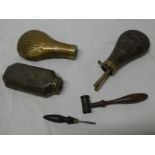 A 19th Century copper rectangular powder flask body, one other 19th Century powder flask body,