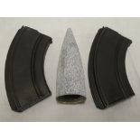 Two various Bren gun magazines and an aluminium shell head (3)