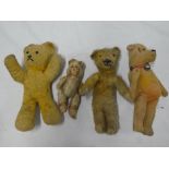 Four various old plush covered teddy bears 7" - 10"