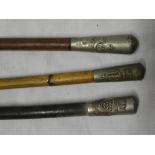 Three Duke of Cornwall's Light Infantry swagger sticks with nickel plated tops including 2nd Bn.