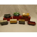 Hornby O gauge - Three boxed goods wagons including Manchester Oil Refinery tank wagon and four