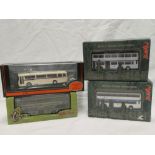 Four mint and boxed diecast buses including EFE Stratford Blue Alexander, pair of Hong Kong buses,