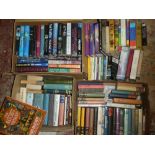 Four boxes containing a selection of modern first editions, paperback vols including T Pratchett,