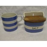 A TG Green Cornish kitchen ware salt pot with hinged wooden cover (af) and a similar Cornish