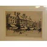 A black and white etching of The Market Place York, signed by W Patrick Hall,