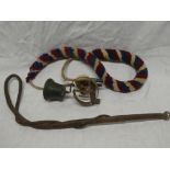 An old bronze sprung doorbell with rope pull and a silver mounted bull's pizzle whip (2)