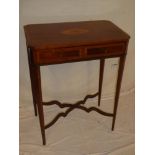 An Edwardian inlaid mahogany rectangular side table with compartment enclosed by a hinged lid on