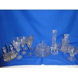 A selection of various cut glass including circular bowl and cover, cut glass condiment jar,