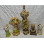 A South American -style papier mache and wood figure of a character head, 13",
