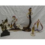 Five modern china Art Deco-style female figures including Spanish Galos china seated female figure,