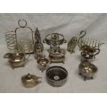 A selection of various silver-plated items including toast rack, cream jugs,