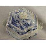 A 19th Century stone china hexagonal two handled tureen and cover with blue and white "Indian