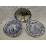 A 19th Century Copeland pottery circular bowl with blue and white scenic decoration (af) and two