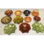 Eleven pieces of Carnival glass including various decorative bowls, cake basket,