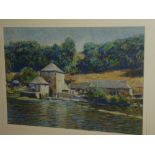 Michael Bowman - oil pastel "Mill on the River Mayenne, France", labelled to verso,