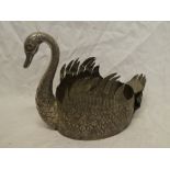 A large Indian silvered bowl in the form of a swan with raised feather decoration,