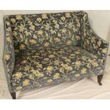 A good quality 19th Century two-seat upright settee upholstered in figured blue floral fabric on