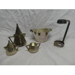 A silver plated Art Deco-style conical three-piece tea set together with a silver-plated oval bowl