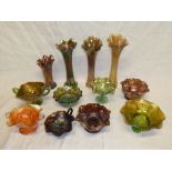 Twelve pieces of Carnival glass including four tapered vases, various decorative bowls, dishes,
