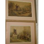 B**Hagger - watercolours Rural landscape with thatched cottage and church scene, signed,