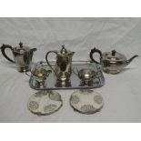A selection of various silver plated items including squat-shaped coffee pot with matching water