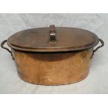 A Victorian brass mounted copper oval cooking pan,