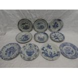 Ten 18th Century and later Chinese circular plates with blue and white decoration in varying