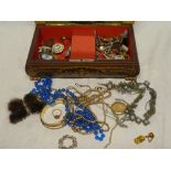 A jewellery box containing various costume jewellery including 9ct gold oval locket pendant,