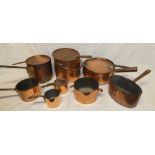 A selection of eight various 19th Century copper cooking pans and saucepans,