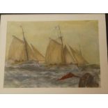 P** De Brune - watercolour Racing yachts off the coast, inscribed to verso,