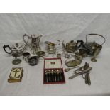 Various silver plated items including three piece tea set, teapots, cased cutlery,
