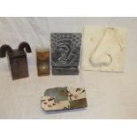 A selection of various Studio pottery including rectangular jar and cover with curved mounts,