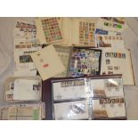 A box containing a large selection of GB first day covers, various albums of World stamps, covers,