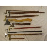 A selection of mining related ceremonial staffs and axes, German mine ceramic sauce boat and plate,