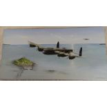 An original oil painting by Mervyn Sullivan depicting a Lancaster Bomber over St Michaels Mount,