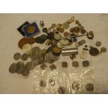 A selection of various coins including 1799 halfpenny, foreign coins, commemorative crowns,