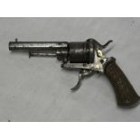 A 19th Century Belgium six-shot pin-fire revolver with 3" octagonal barrel and chequered wood grips