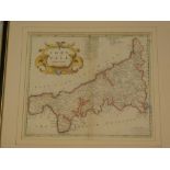 A 17th Century handcoloured map of Cornwall by Robert Morden,