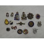 A selection of various sweethearts brooches and lapel badges including silver Surrey Yeomanry