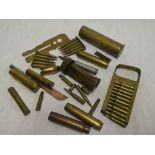 Two brass Enfield oil bottles, button polishing plate, various clips of inert cartridges,