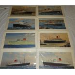 Eight large mounted coloured prints of Cunard Liners,