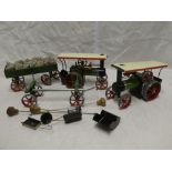 Two Mamod steam tractors including TE1A and TE1 together with accompanying four wheel trailer and