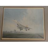 A coloured print of Concorde signed by artist Gerald Coulson and pilot Brian Trubshaw,