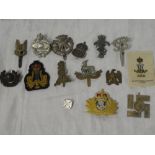Various military cap badges including DCLI, Royal Tank Regiment, Royal Warwickshire Regiment,