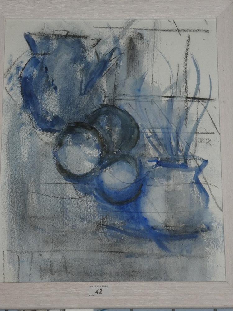 Ken Paine - watercolour Abstract study of jugs and fruit, inscribed to verso,