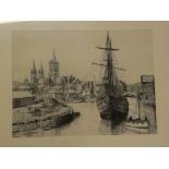 Oldham - pen and ink Truro river scene with shipping, signed,